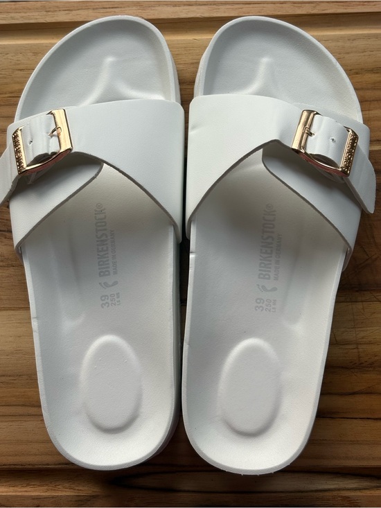 Birkenstock Shoes - White Birkenstock Madrid Big Buckle EVA sandals with gold-toned buckles.